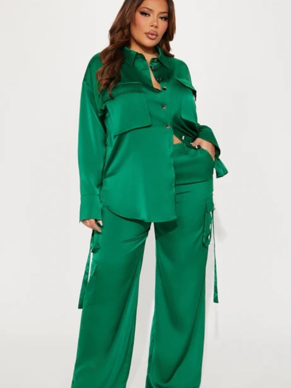 Fashion Nova Curve Leah Green Satin Matching Pant Set - 3X